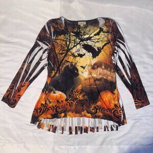 One World Halloween Black Cat & Bats & Haunted House Hi Low Tunic Top XL